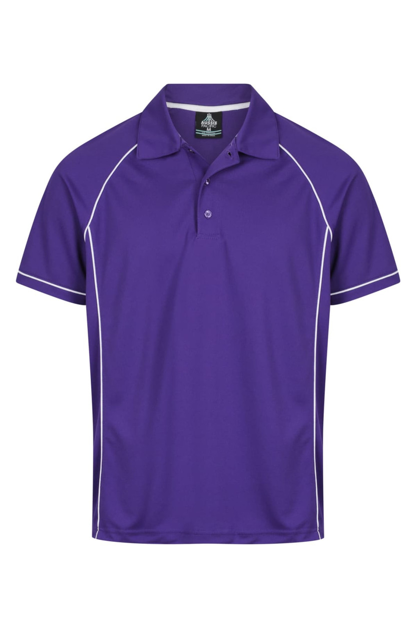A purple polo shirt with white piping and a logo on the chest. Suitable for men's casual wear.