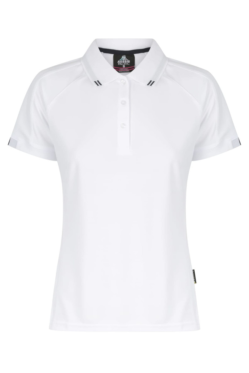 A white polo shirt with short sleeves and a collar, featuring a logo on the chest.
