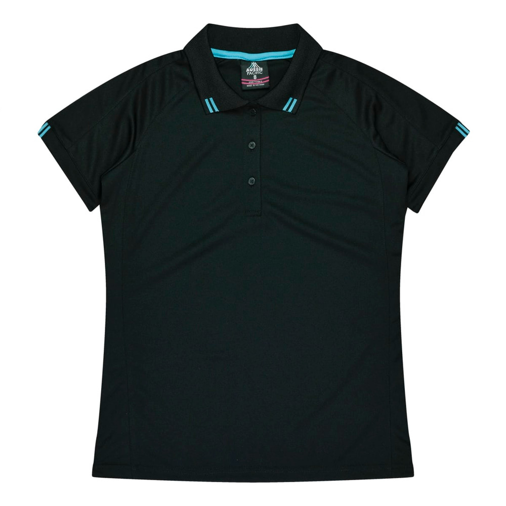 A black polo shirt featuring a collar and short sleeves, with blue accent stripes and a logo.