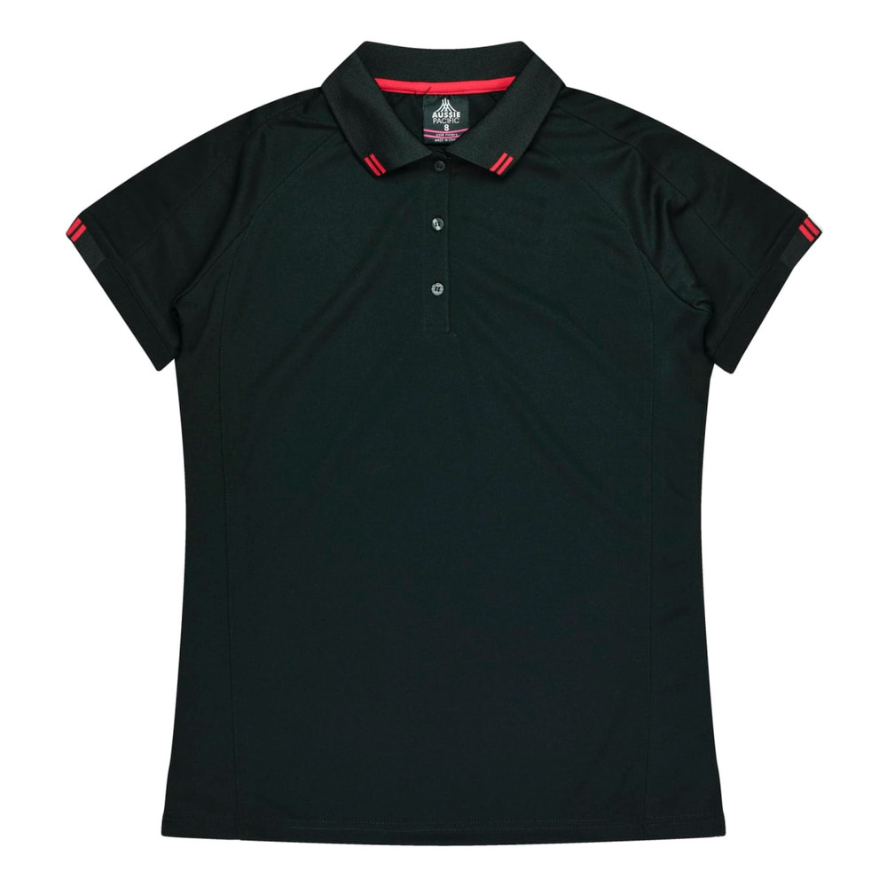 A dark green polo shirt featuring a collar and short sleeves, with red detailing and a logo.