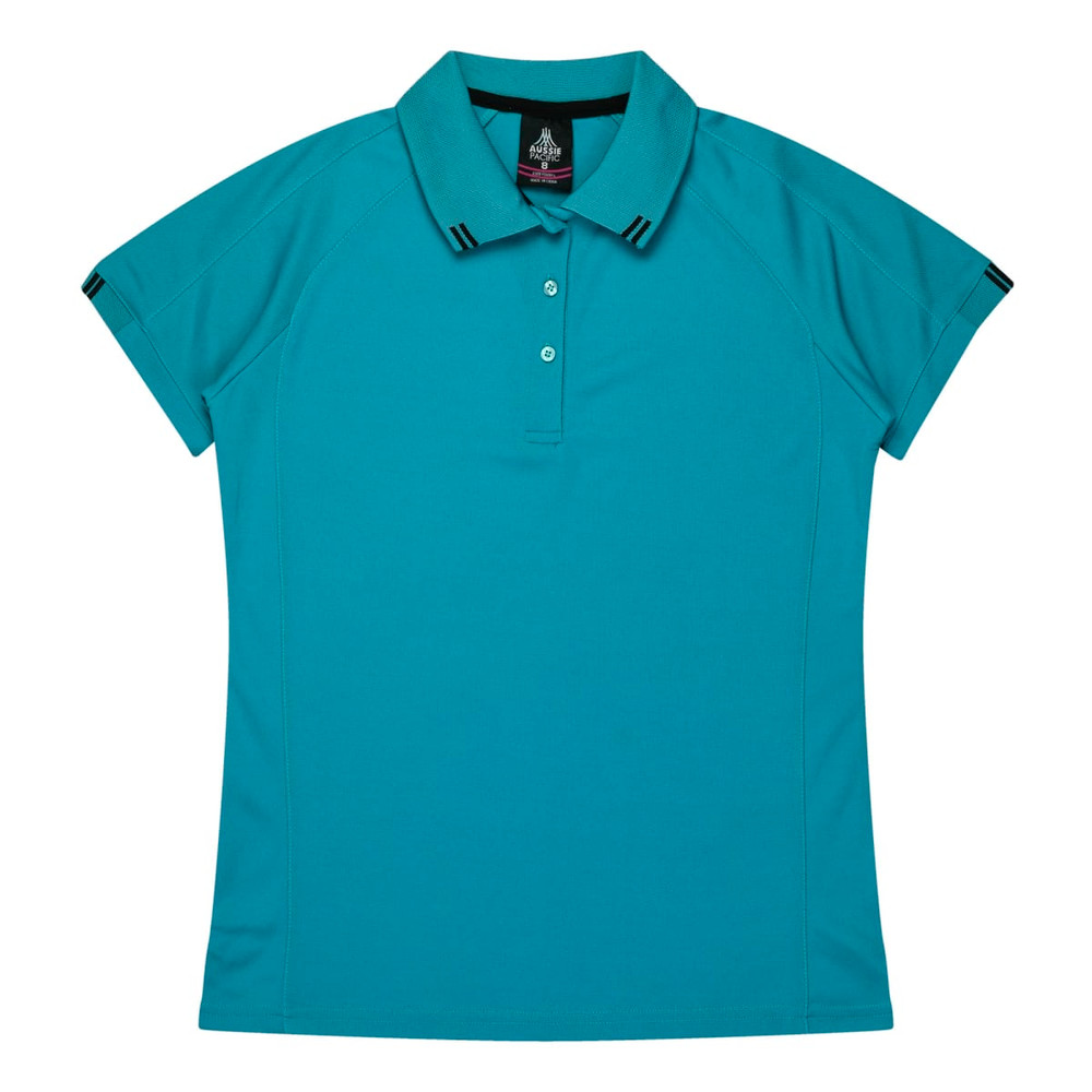 A teal polo shirt with a collar, short sleeves, and contrasting details. It features a logo on the collar.