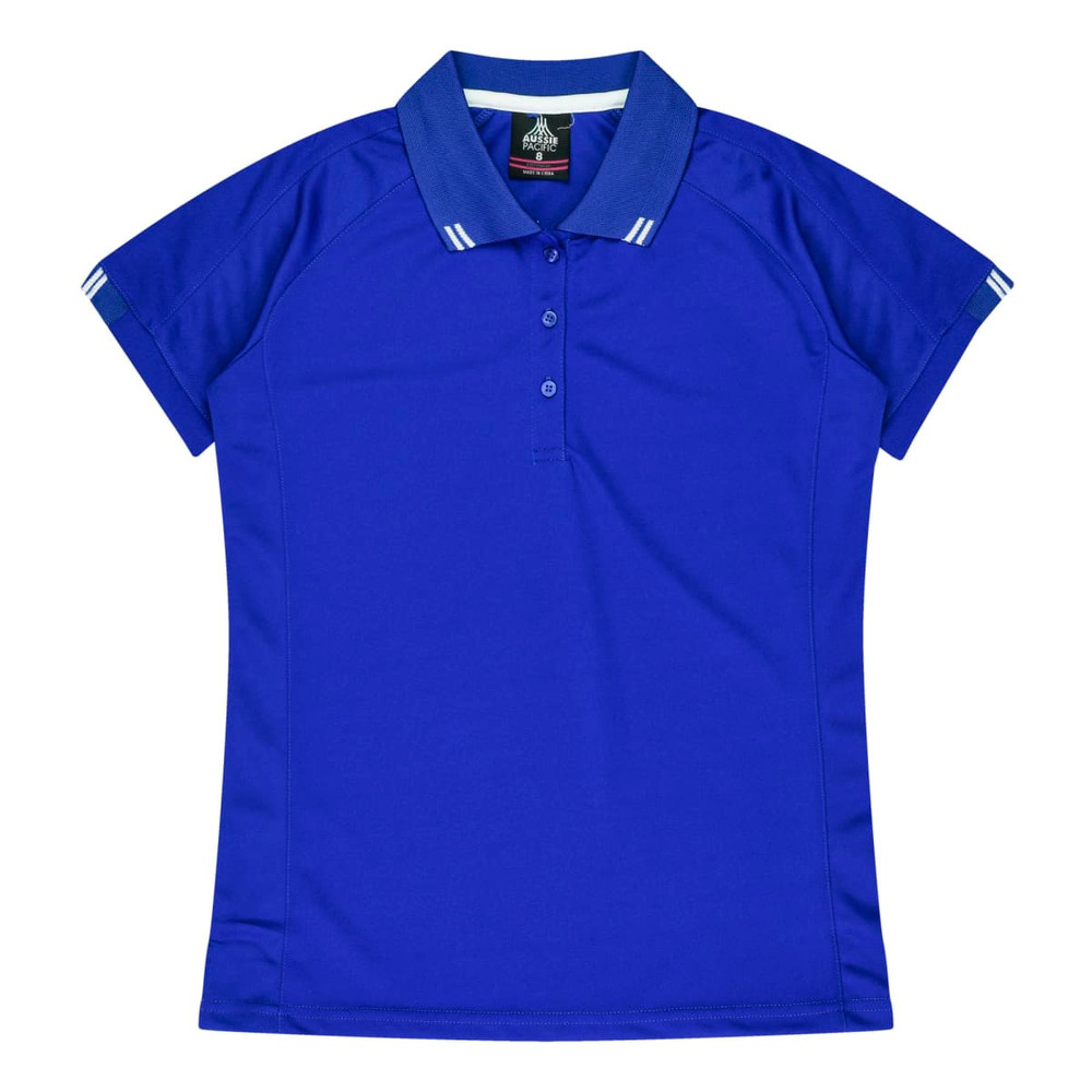 A blue polo shirt with short sleeves and a collar, featuring contrasting stripes on the shoulders and a logo.