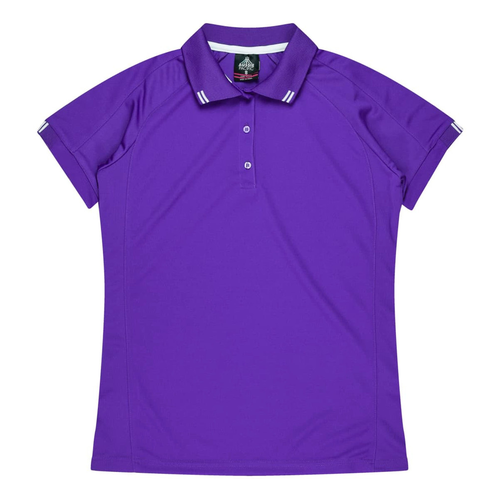 A purple polo shirt with a collar and button detailing, featuring a logo on the upper back.