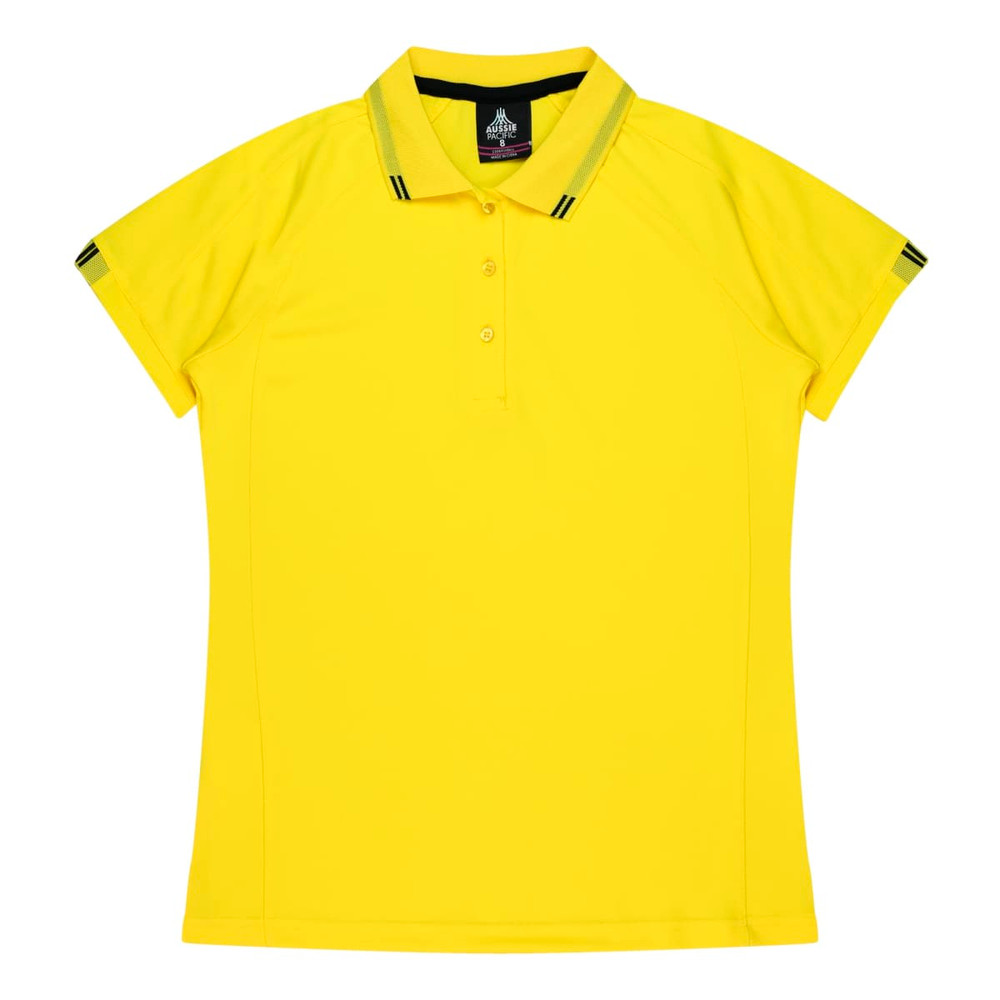 A yellow polo shirt with a collared neck and contrasting black stripes on the collar and sleeves. It features a logo.