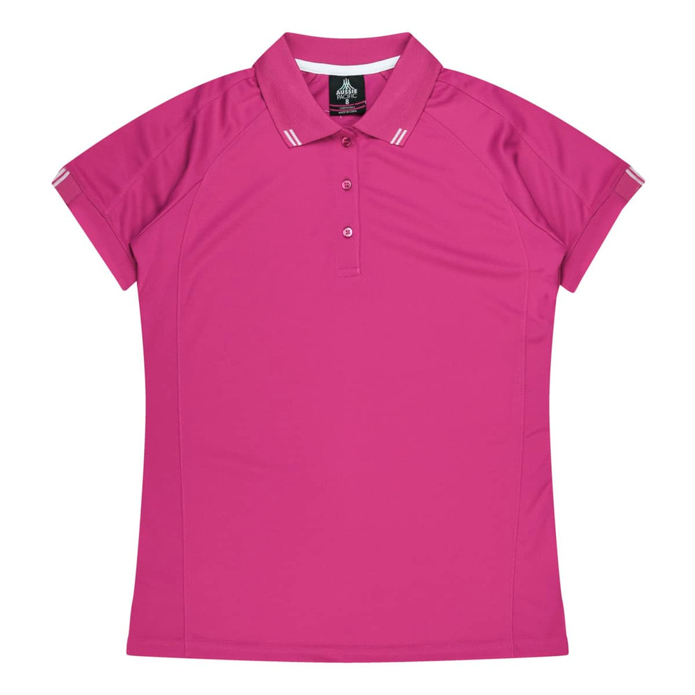 A pink polo shirt with short sleeves and a polo collar, featuring a logo on the collar.
