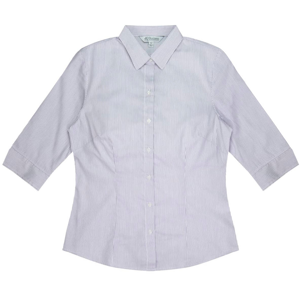 A light blue and white striped button-up shirt with 3/4 sleeves and a collar. It features a logo on the chest.