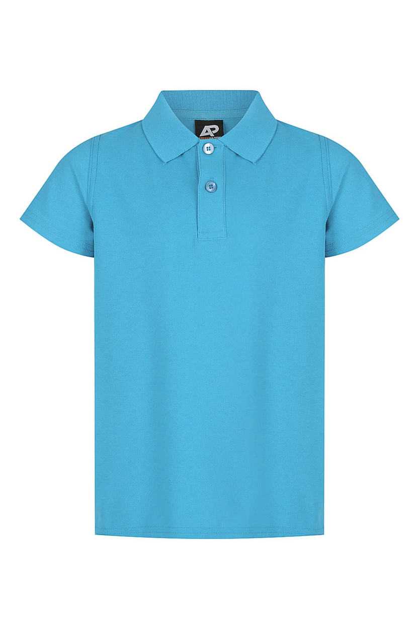 A light blue polo shirt with a collar and a logo on the label. It has short sleeves and a button front.