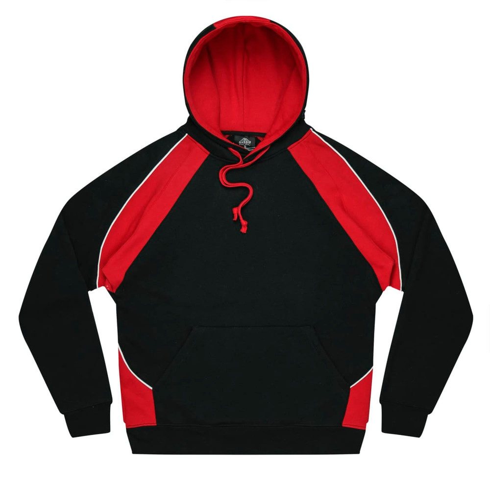 A black and red hooded jumper featuring a kangaroo pocket and contrasting raglan sleeves with a logo.