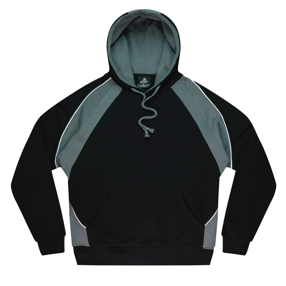 A black and grey hoodie with a front pocket and a drawstring hood, featuring a logo.