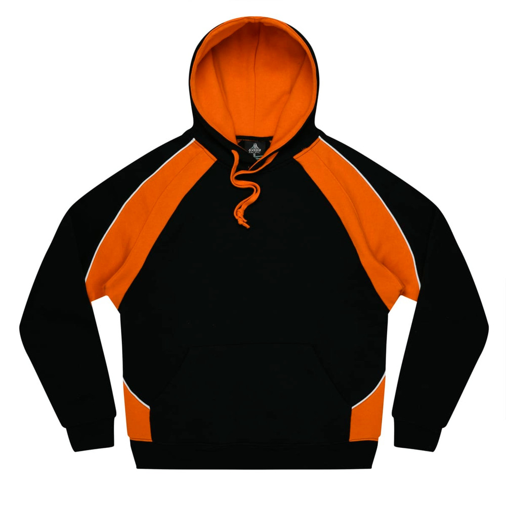 A black and orange hoodie featuring a kangaroo pocket and a hood, with a logo on the front.