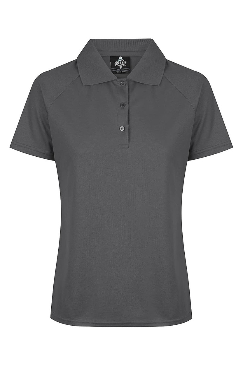 A charcoal grey polo shirt with a collar, buttons, and a logo on the chest.