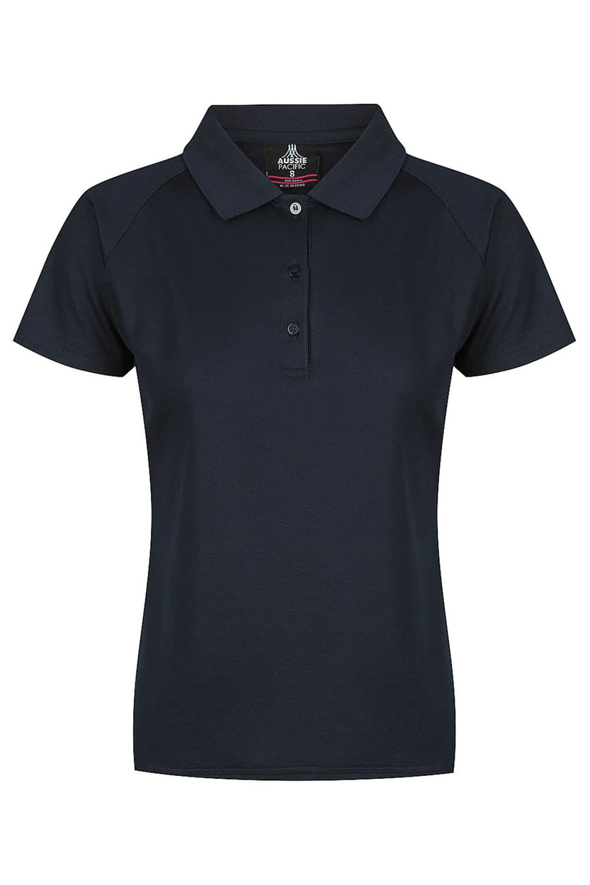 A navy polo shirt with a classic collar and three buttons, featuring a logo on the upper section.