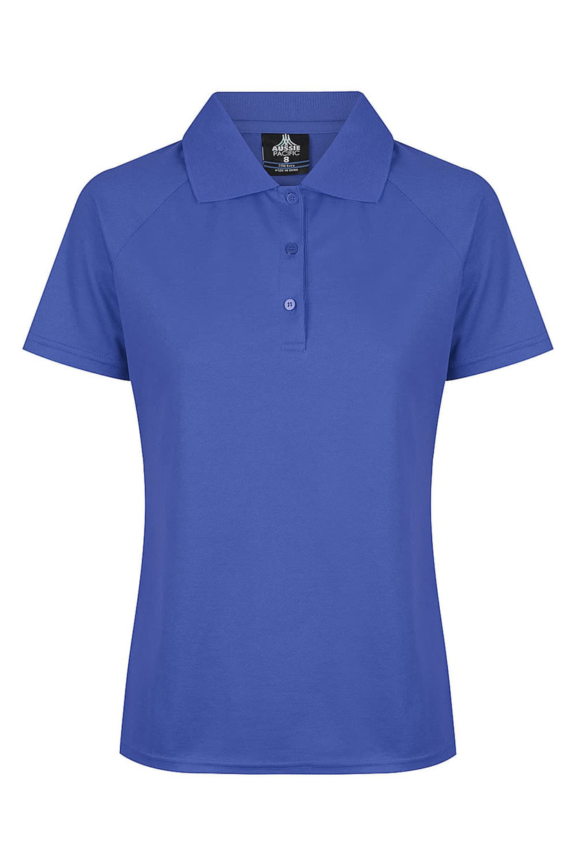 A blue polo shirt with a collar and buttons, featuring a logo on the upper portion.