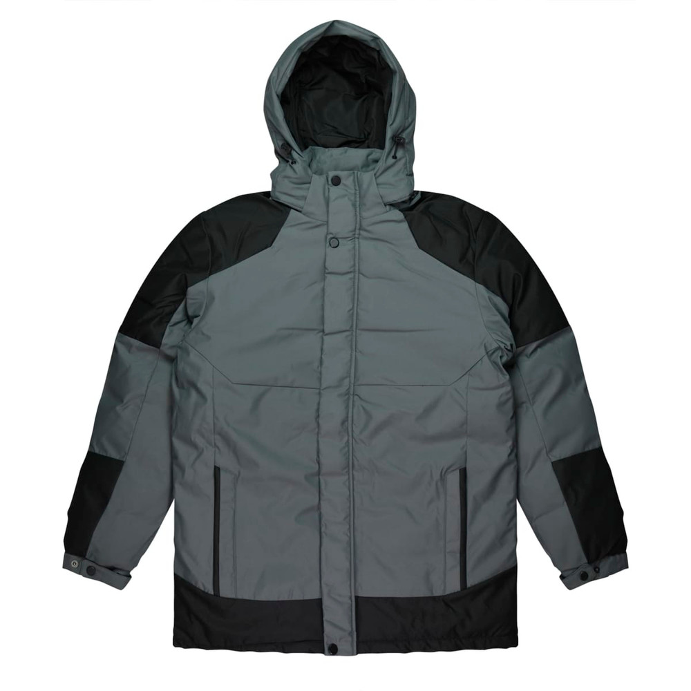 A grey and black men's jacket featuring a hood, with a button-up front and multiple design panels.