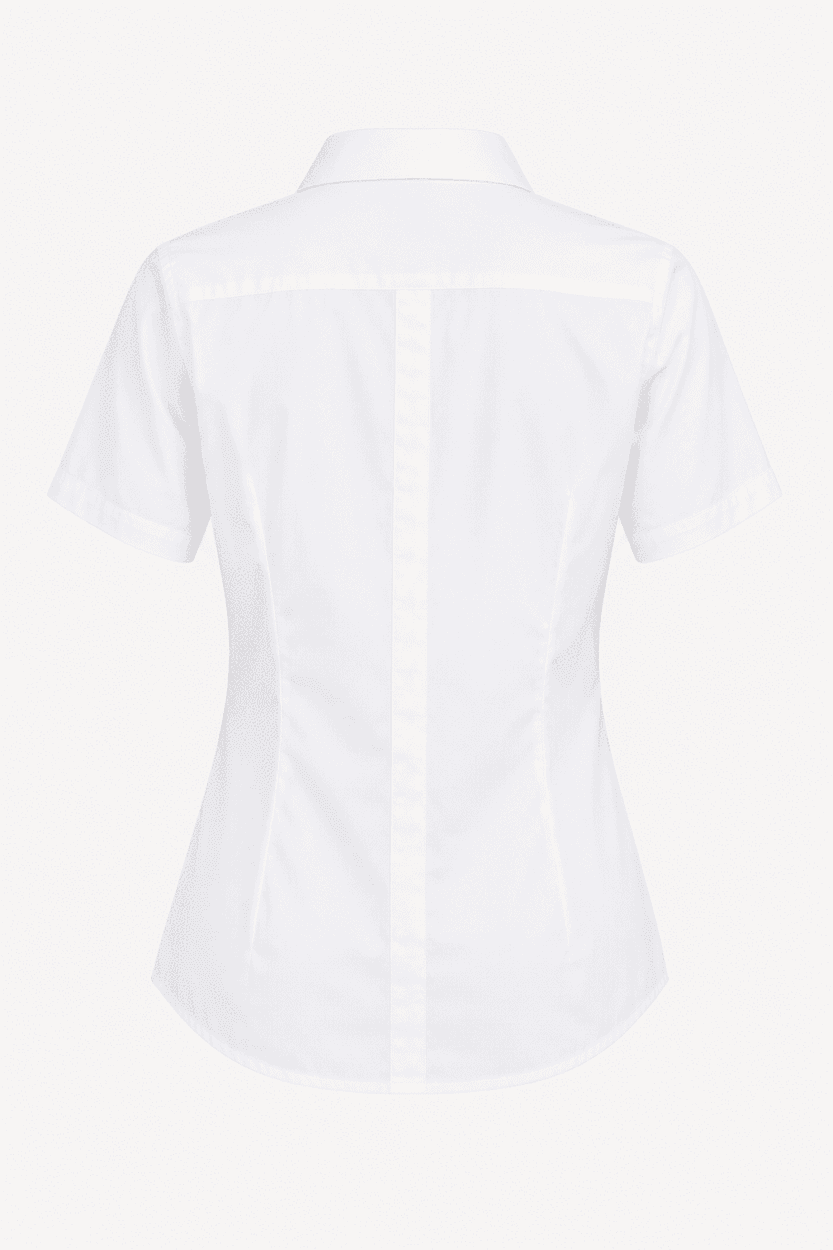 A short-sleeve white button-up shirt with a fitted design and a back seam, featuring a logo.