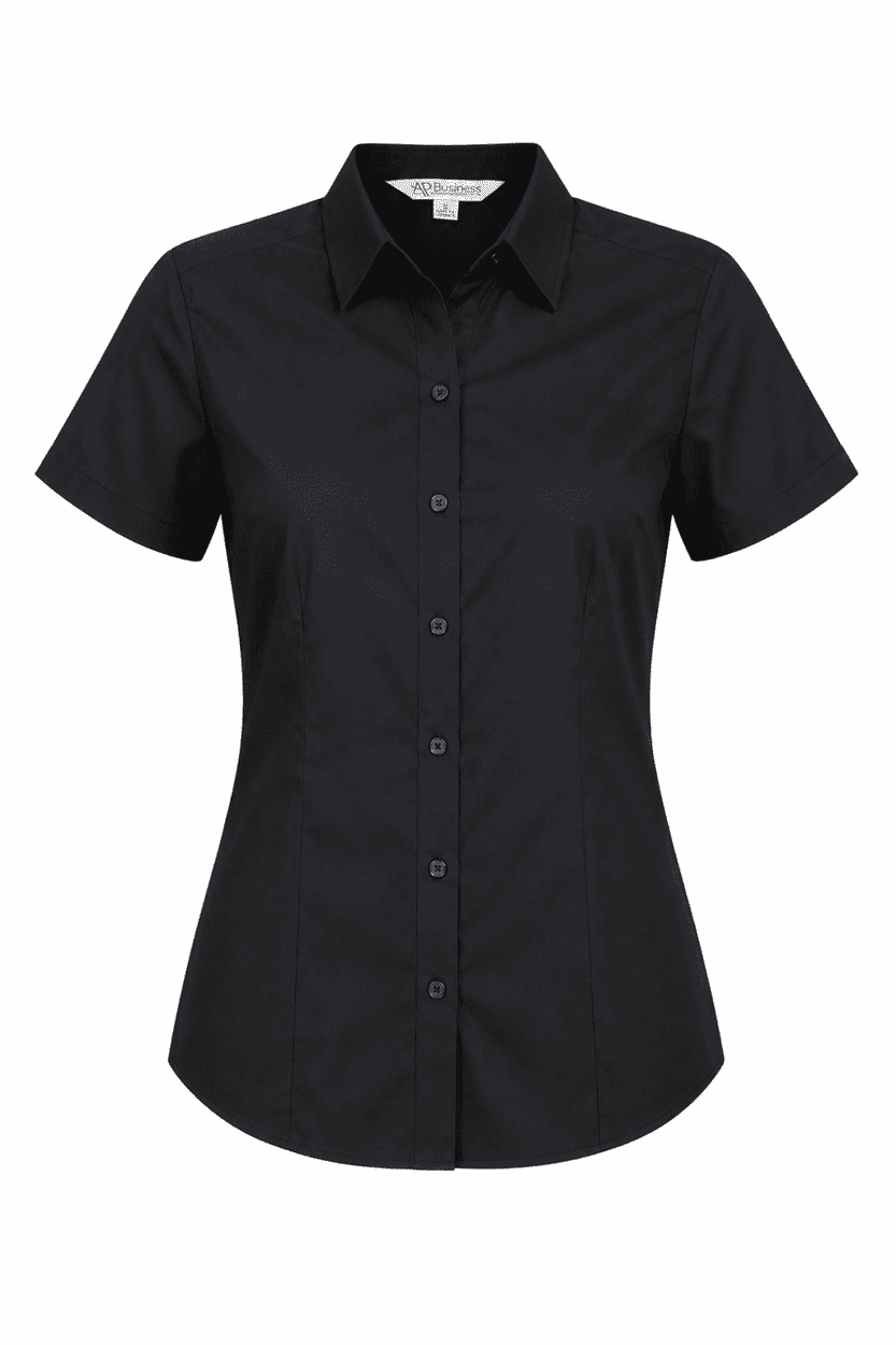 A black button-up shirt with short sleeves, featuring a fitted design and a collar. It has a logo on it.
