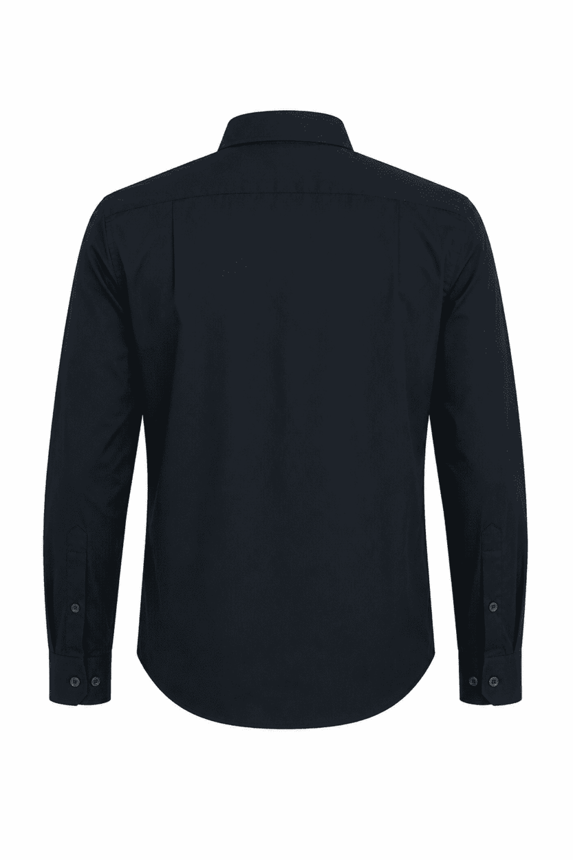 A long-sleeve button-up shirt in black, featuring a classic collar and a logo on the back.