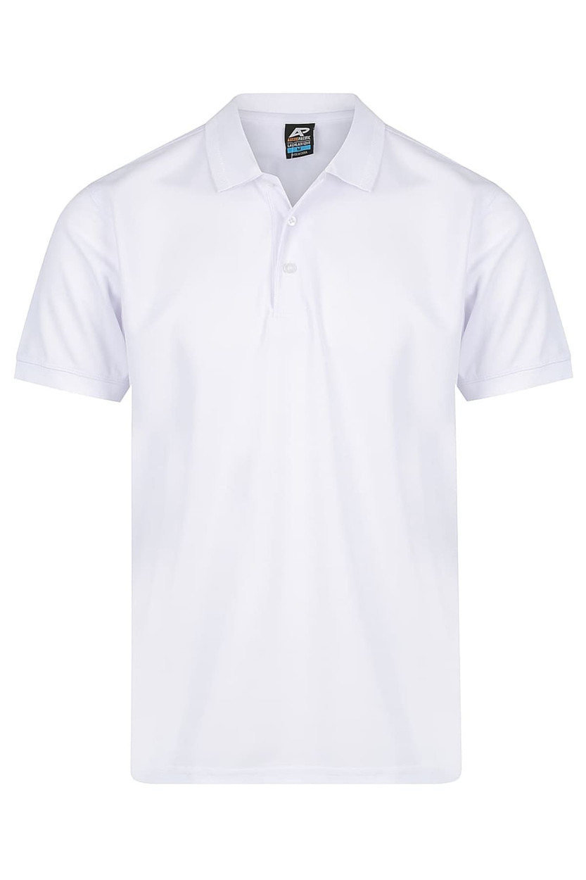 A white polo shirt featuring a collar and short sleeves, with a small logo on the chest area.