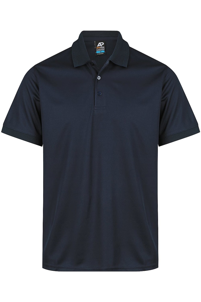 A navy blue polo shirt with a collar and short sleeves, featuring a logo on the chest.