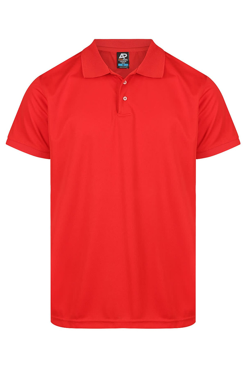 A red polo shirt featuring a collar and three buttons, with a logo on the tag.