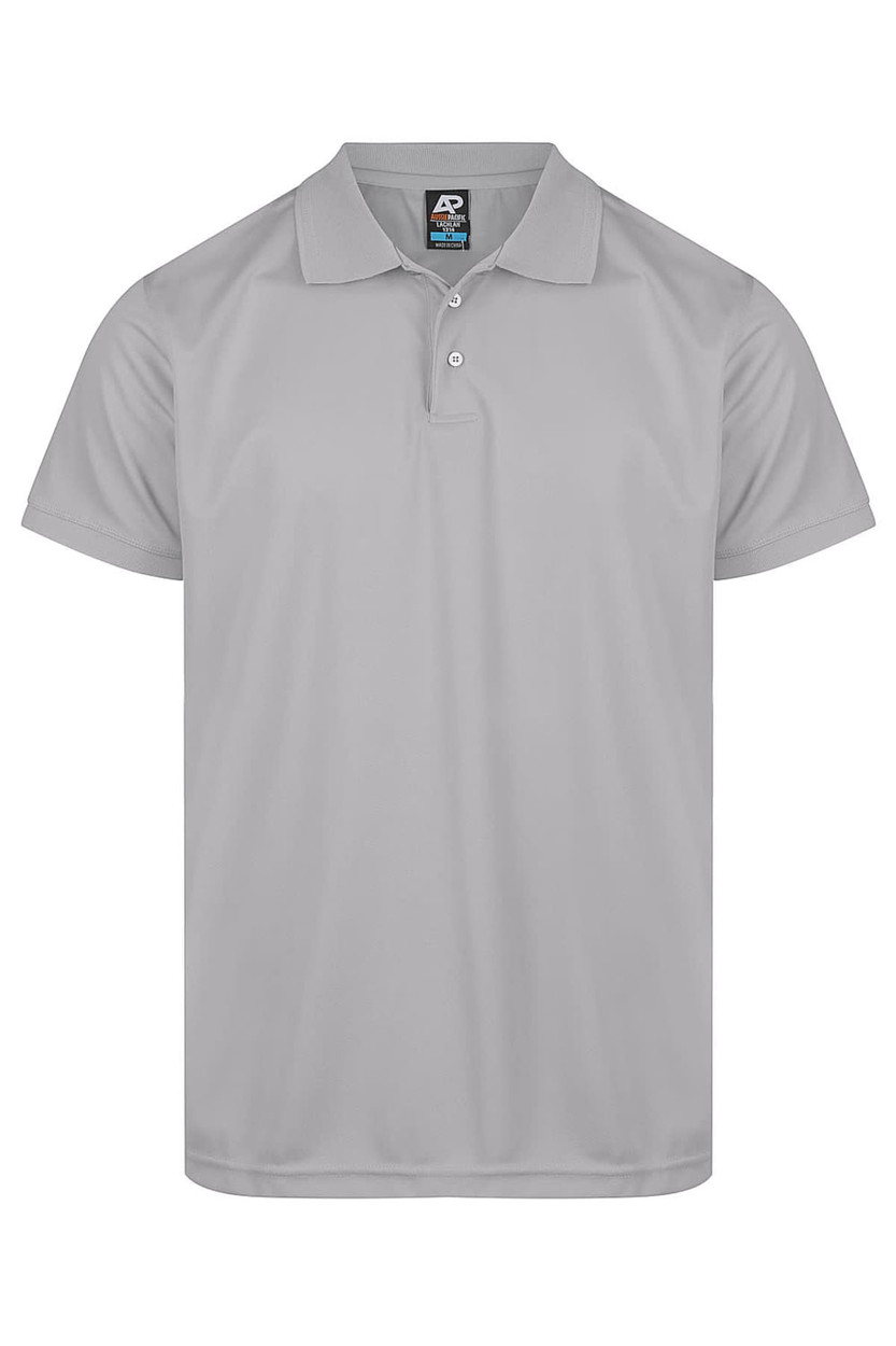 A light grey polo shirt featuring a collar and button placket, with a logo on the label.