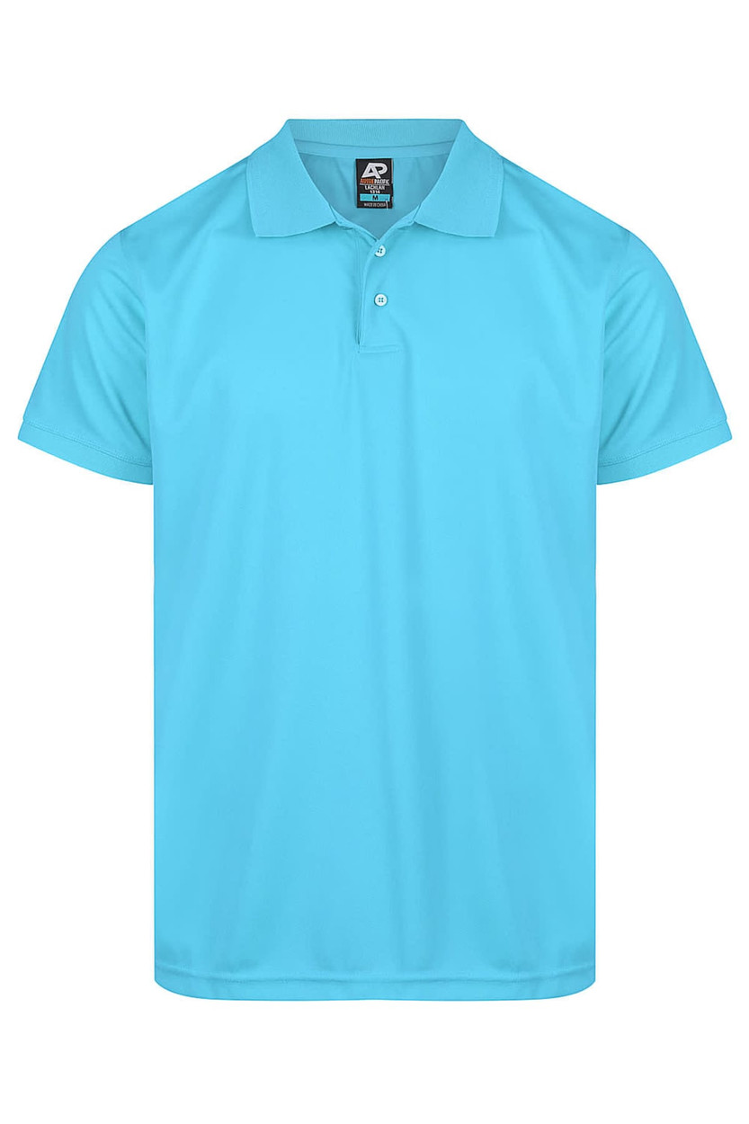 A turquoise polo shirt with a collar, short sleeves, and a logo on the label.