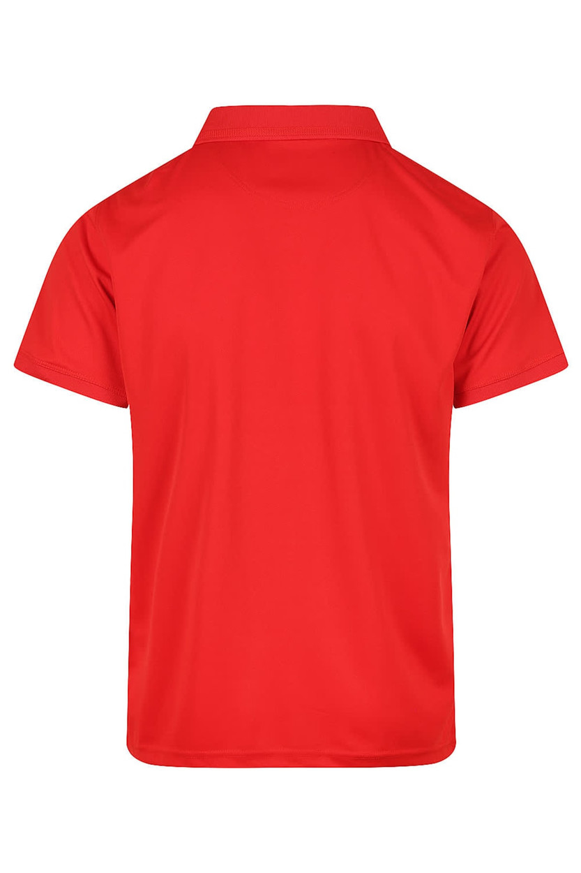 A red polo shirt featuring a collar and short sleeves, with a branding logo on the back.