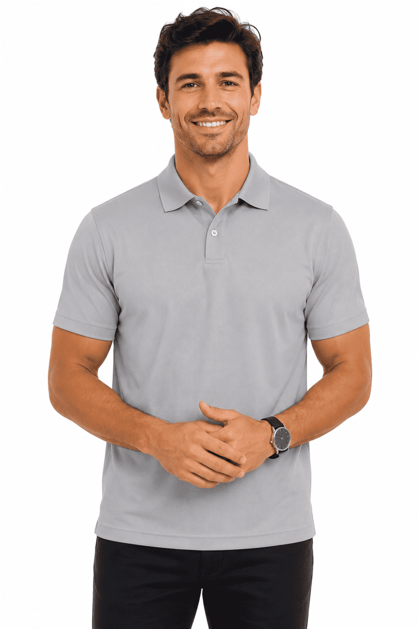 A grey men's polo shirt with a collar, featuring a logo and worn by a smiling model.