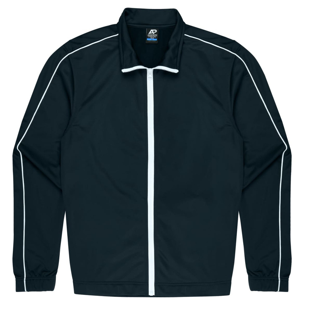 A black kids' jacket with white piping, featuring a full zip and a collar. It has a logo on the inside.