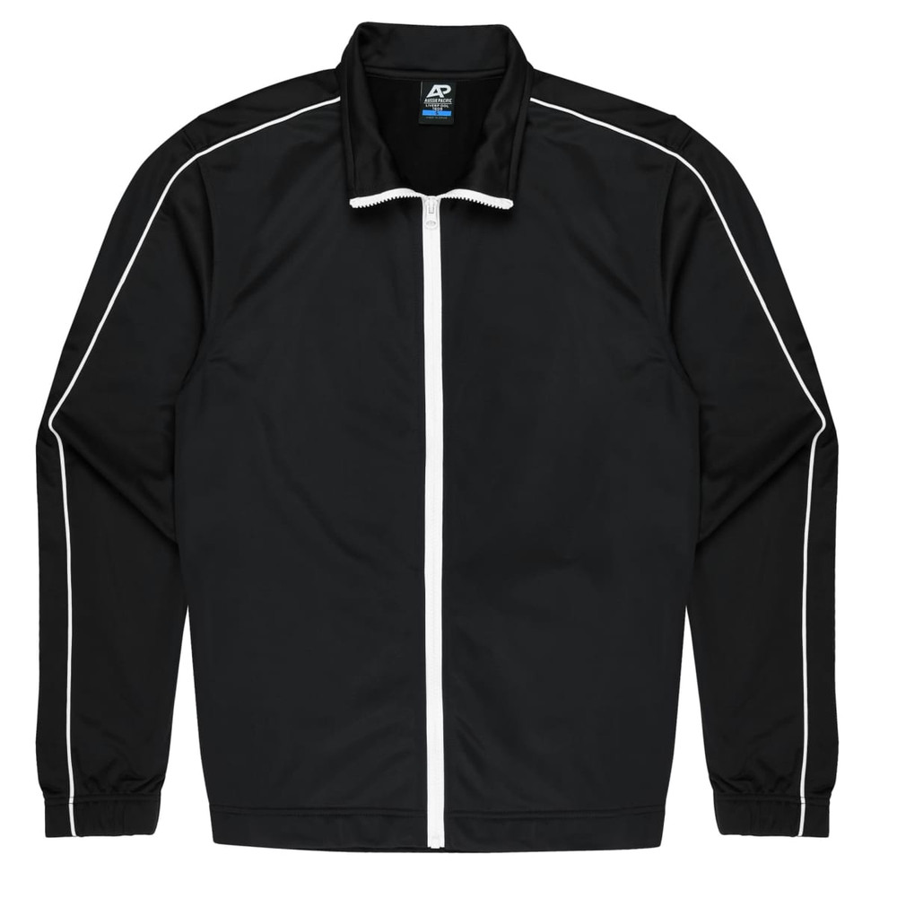 A black jacket with white piping details and a front zip, featuring a label with branding.