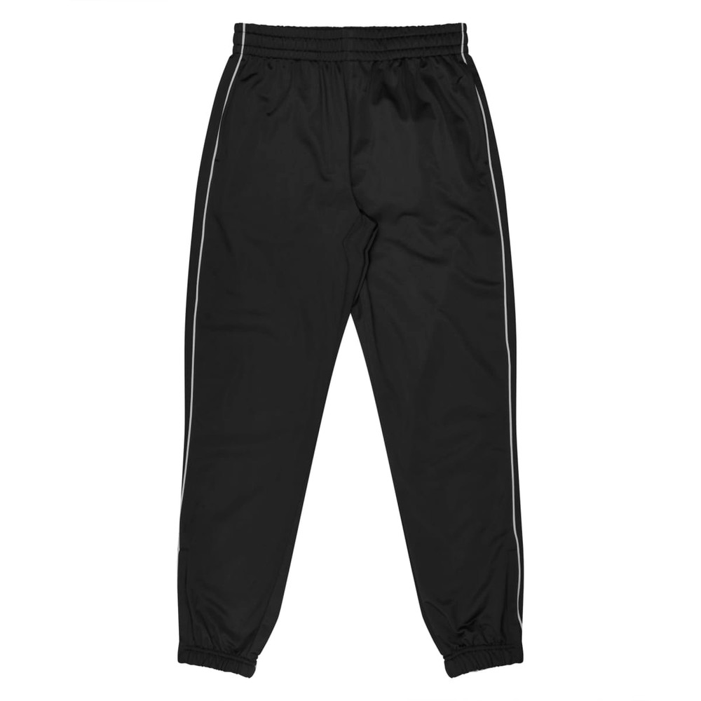 Black pants with a relaxed fit, featuring elastic cuffs and a contrasting side trim. Includes a logo on the waistband.