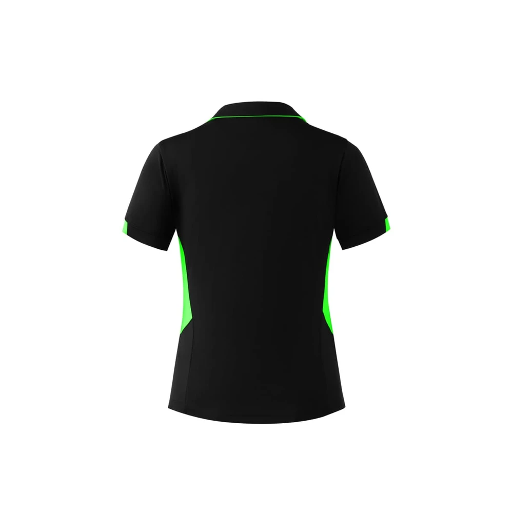 A black polo shirt with green accents and a logo, featuring a classic collar and short sleeves.