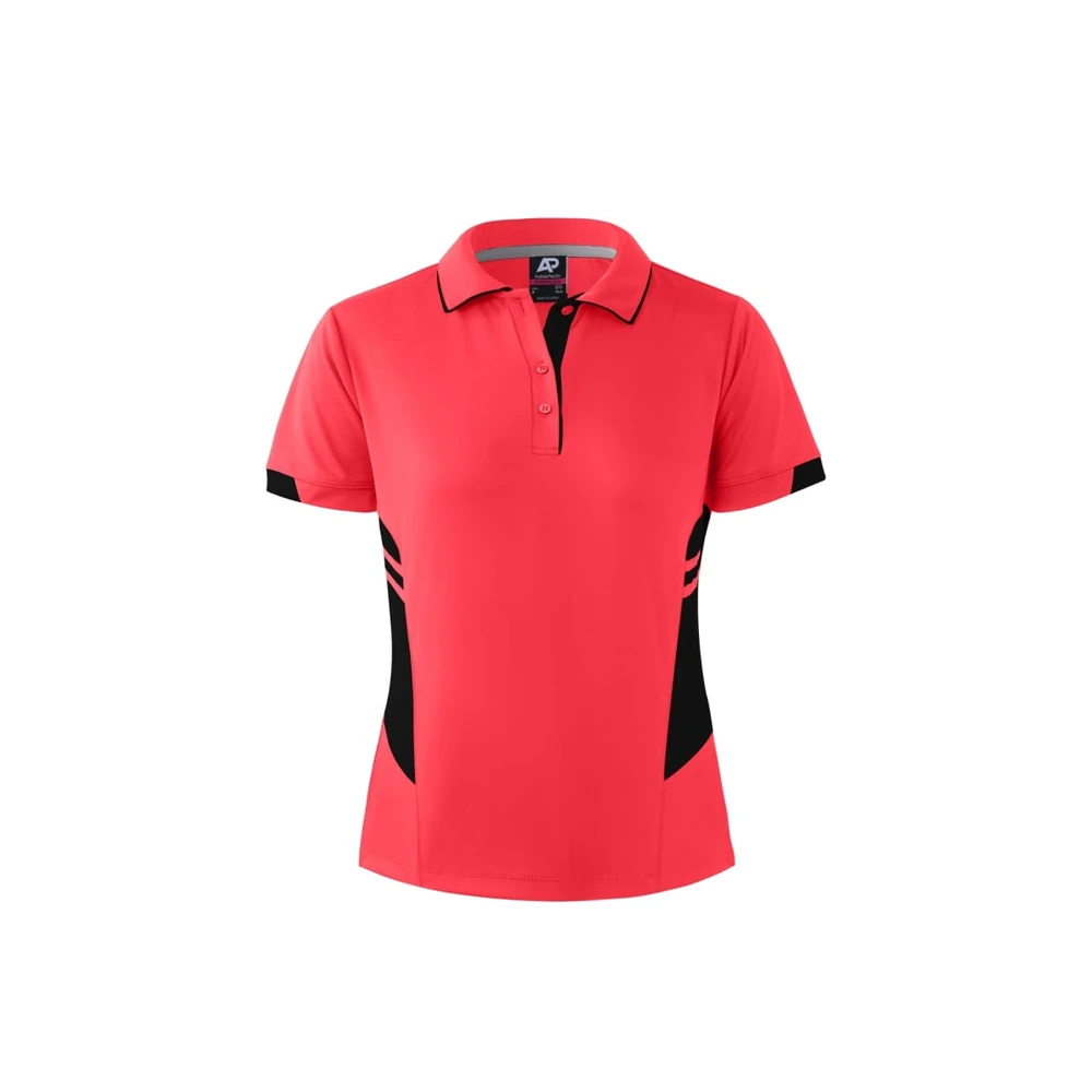A red polo shirt for women featuring black side panels and a collar. Includes branding on the label.