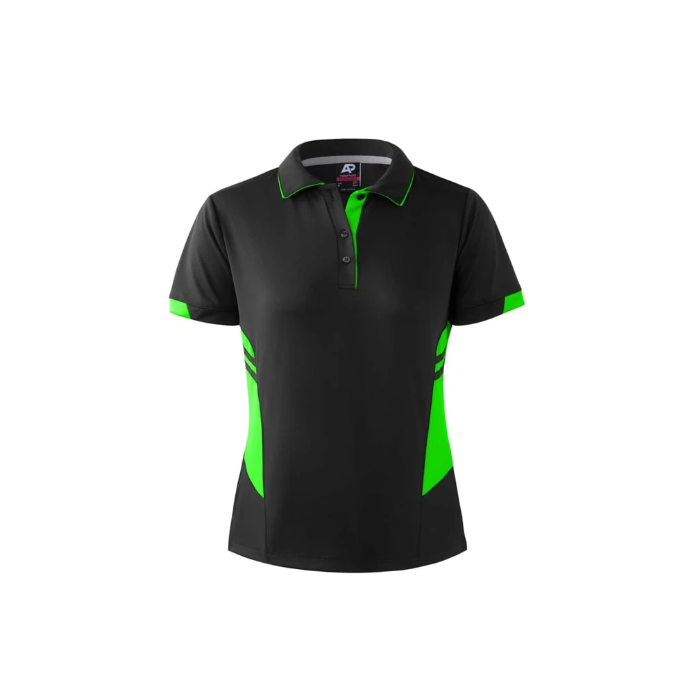 A black polo shirt with bright green accents and a logo, featuring a classic collar and button placket.