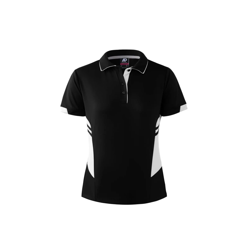 A black polo shirt with white accents and a logo, designed for women. Features a collared neckline and buttons.