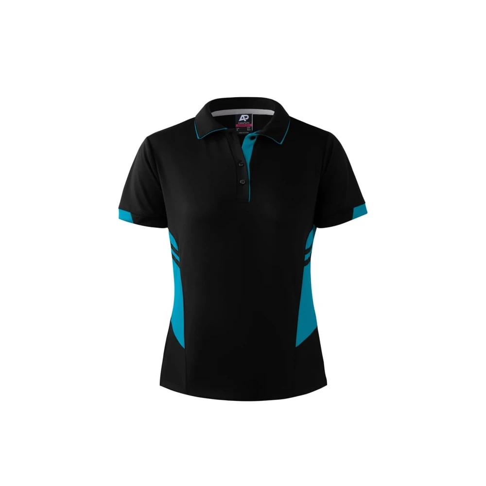 A black polo shirt with turquoise accents and a logo. It features a collar and button placket.