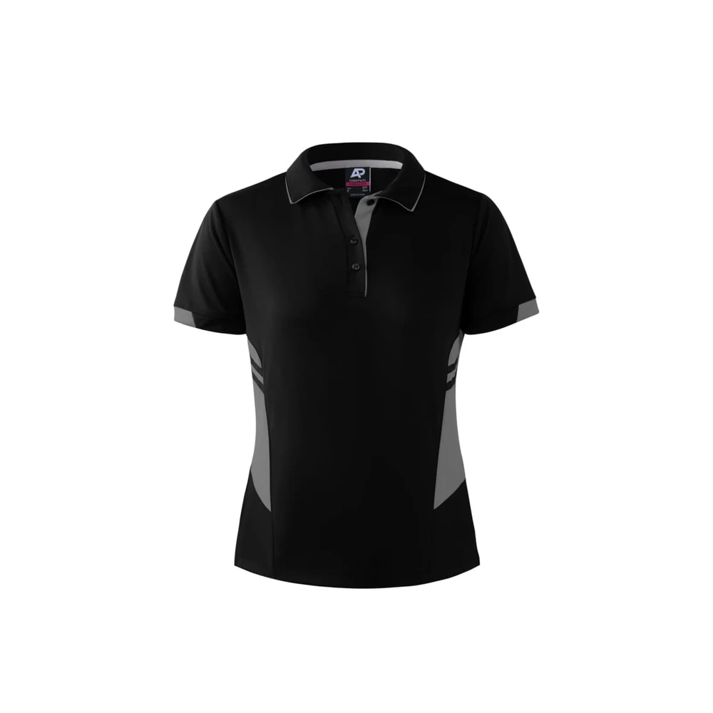 A black polo shirt with grey accents, featuring a collar and a logo on the front.