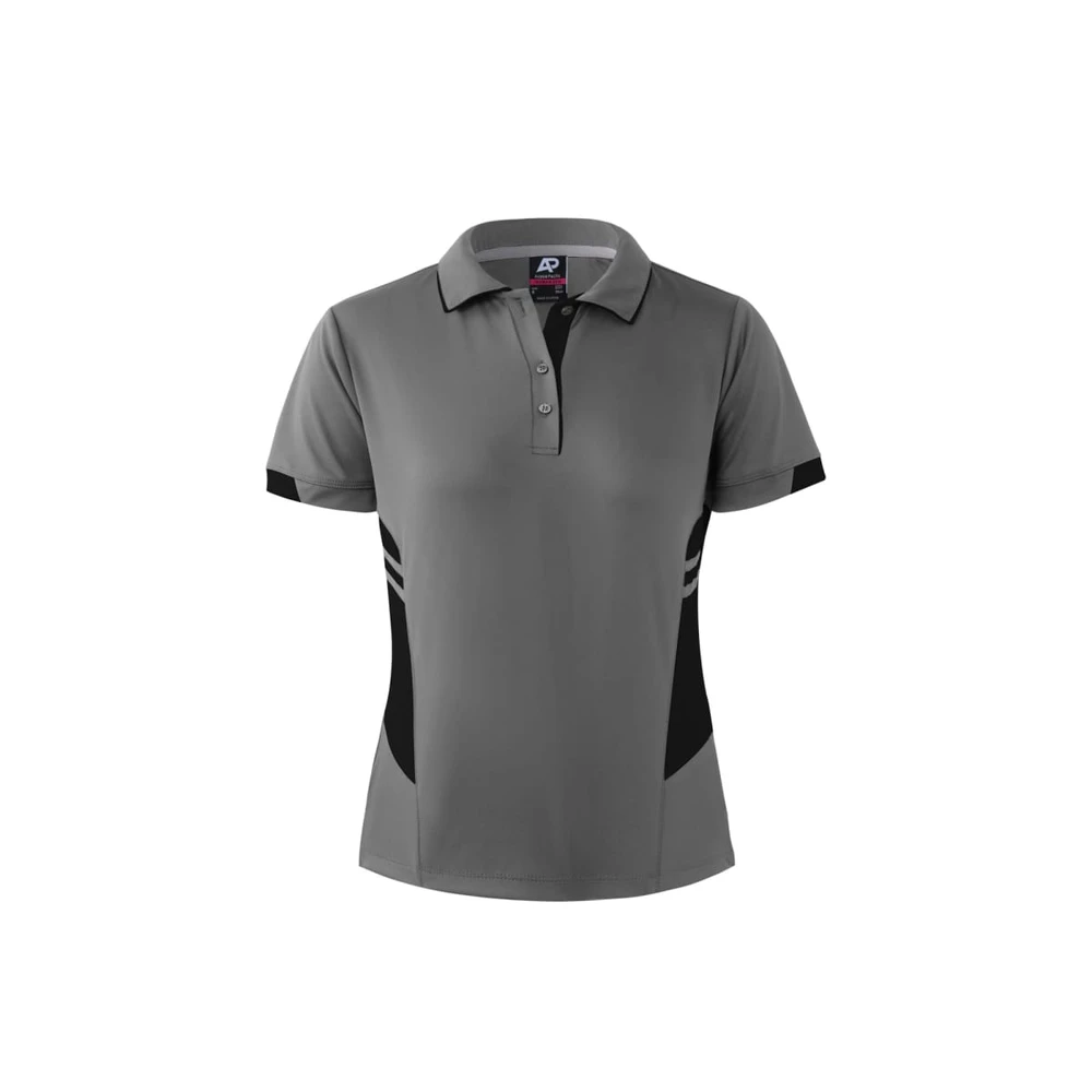 A grey polo shirt with black side panels and a logo on the collar. Short sleeves and a classic polo design.