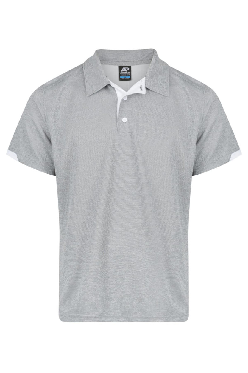 A grey polo shirt featuring a white collar and side details, with a small logo on the chest.