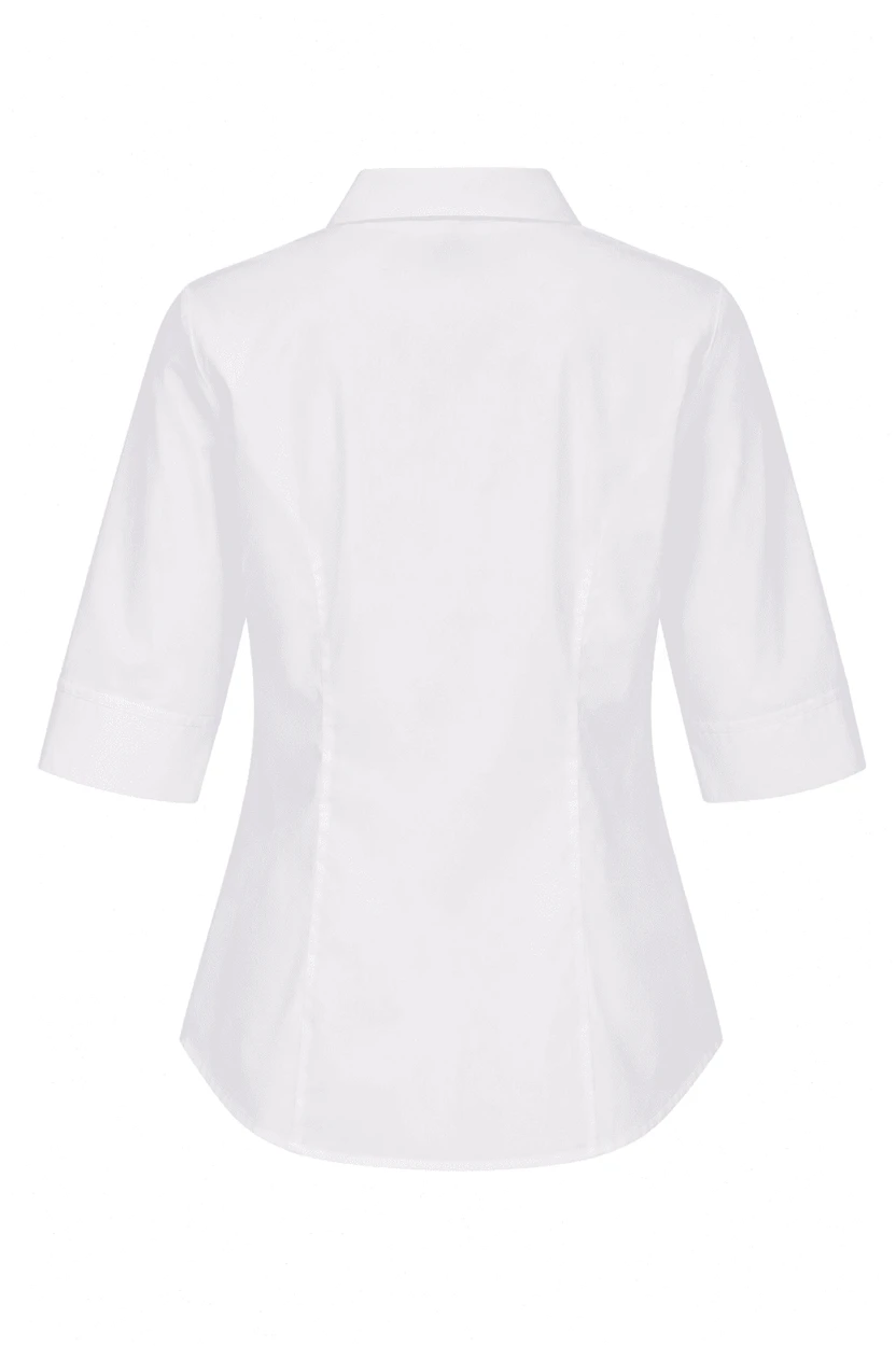 A white button-up shirt with 3/4 sleeves and a collar, featuring a subtle back design and a logo.