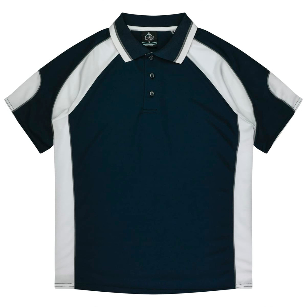 A navy and white polo shirt featuring a collar, short sleeves, and contrasting side panels. Includes a logo.