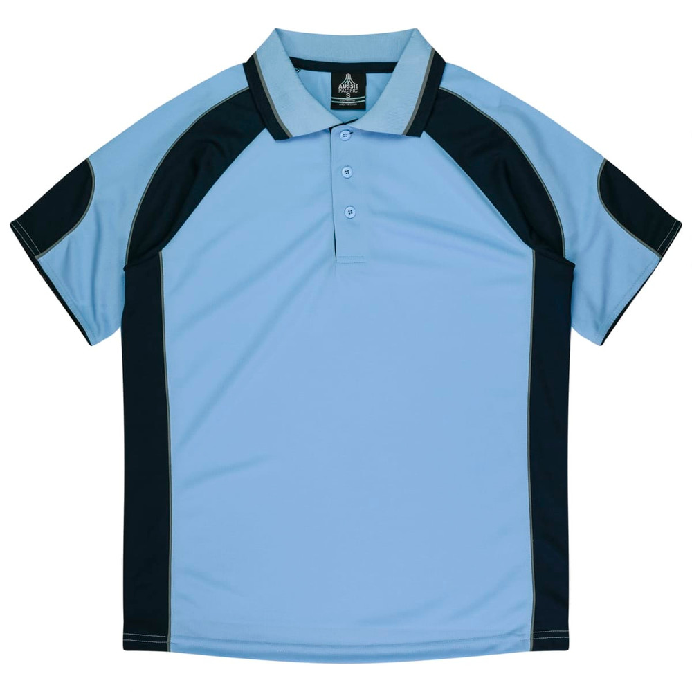 A light blue and black polo shirt with short sleeves and a collar, featuring a logo on the upper left side.
