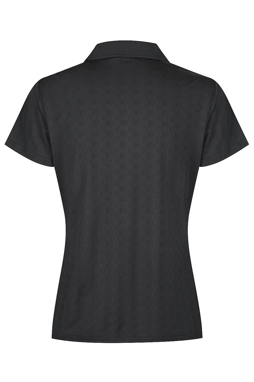 A black ladies' polo shirt with a standard collar and short sleeves, featuring a textured pattern and a logo.
