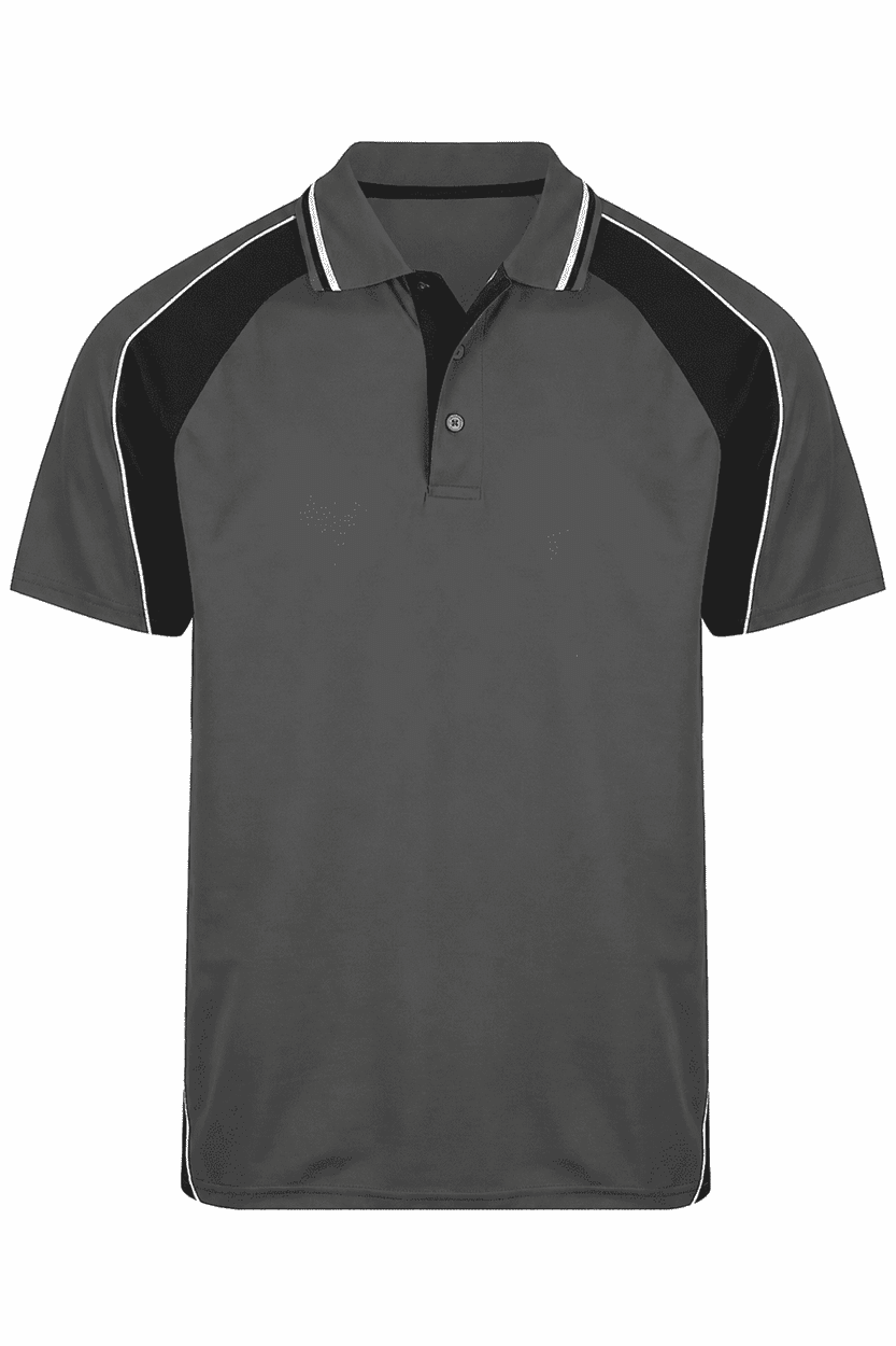 A grey polo shirt featuring black accents and a logo on the chest. Designed with a collar and short sleeves.