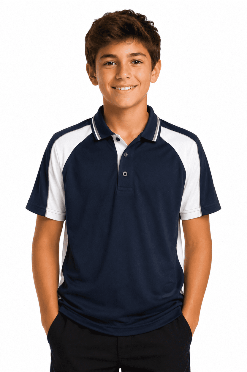 A navy and white polo shirt featuring a logo, worn by a smiling boy with hands in pockets.