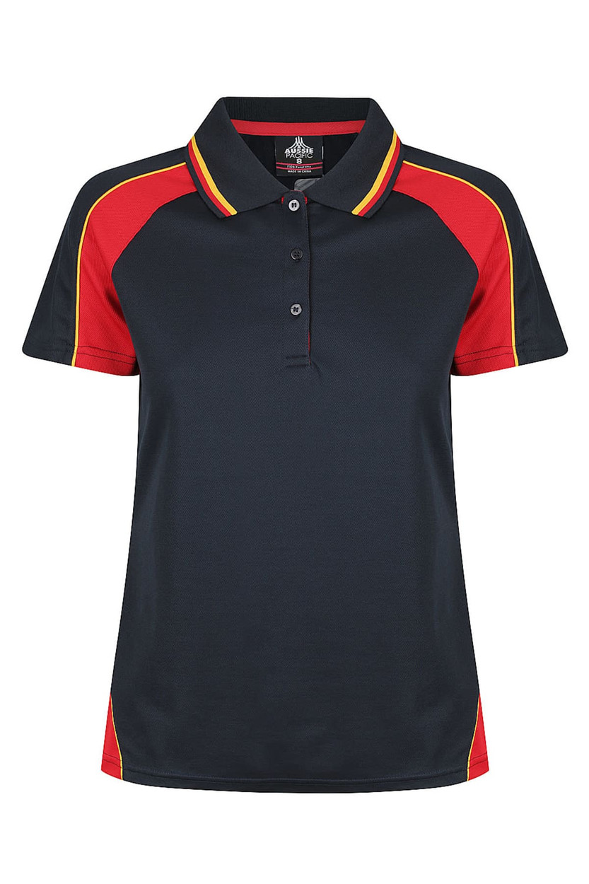 A navy polo shirt featuring red and yellow accents, with a collar and a logo on the chest.