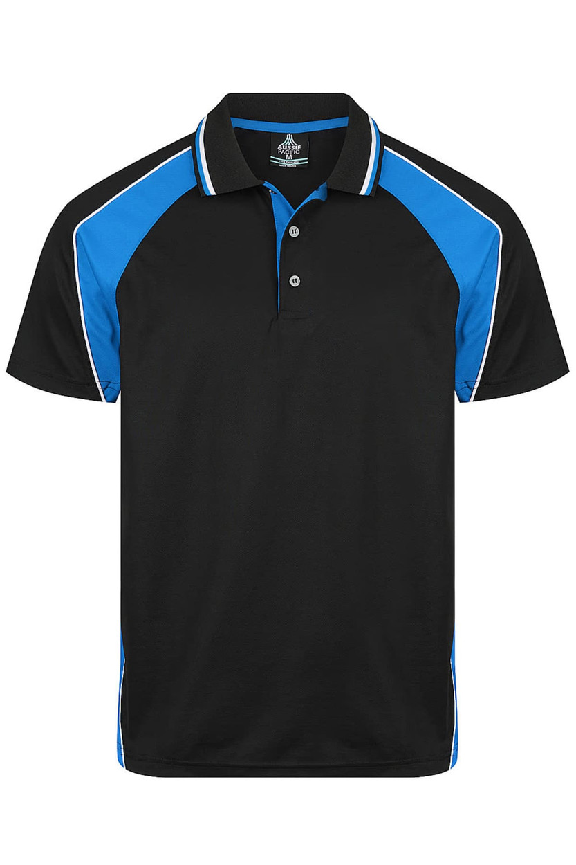 A black polo shirt with blue and white accents, featuring a collar and buttons, and a logo on the front.