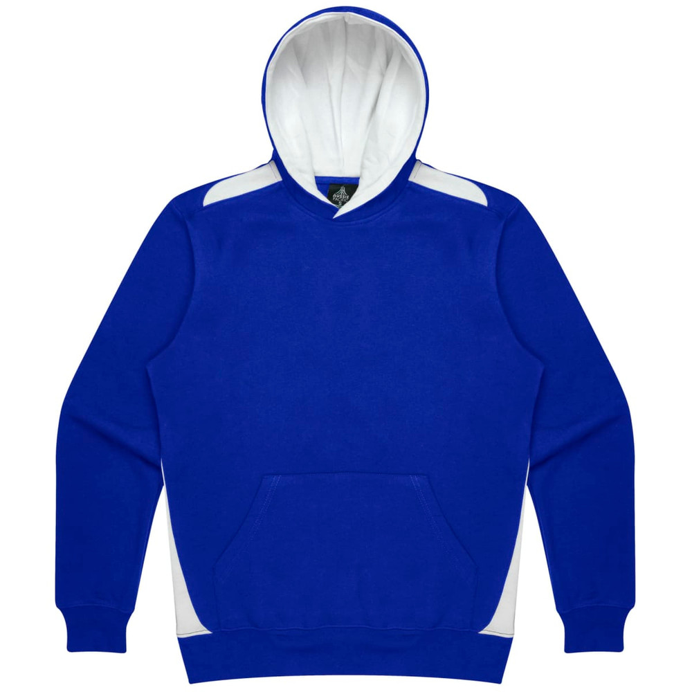 A blue hoodie with a white hood, featuring a front pocket and contrasting panels on the shoulders.