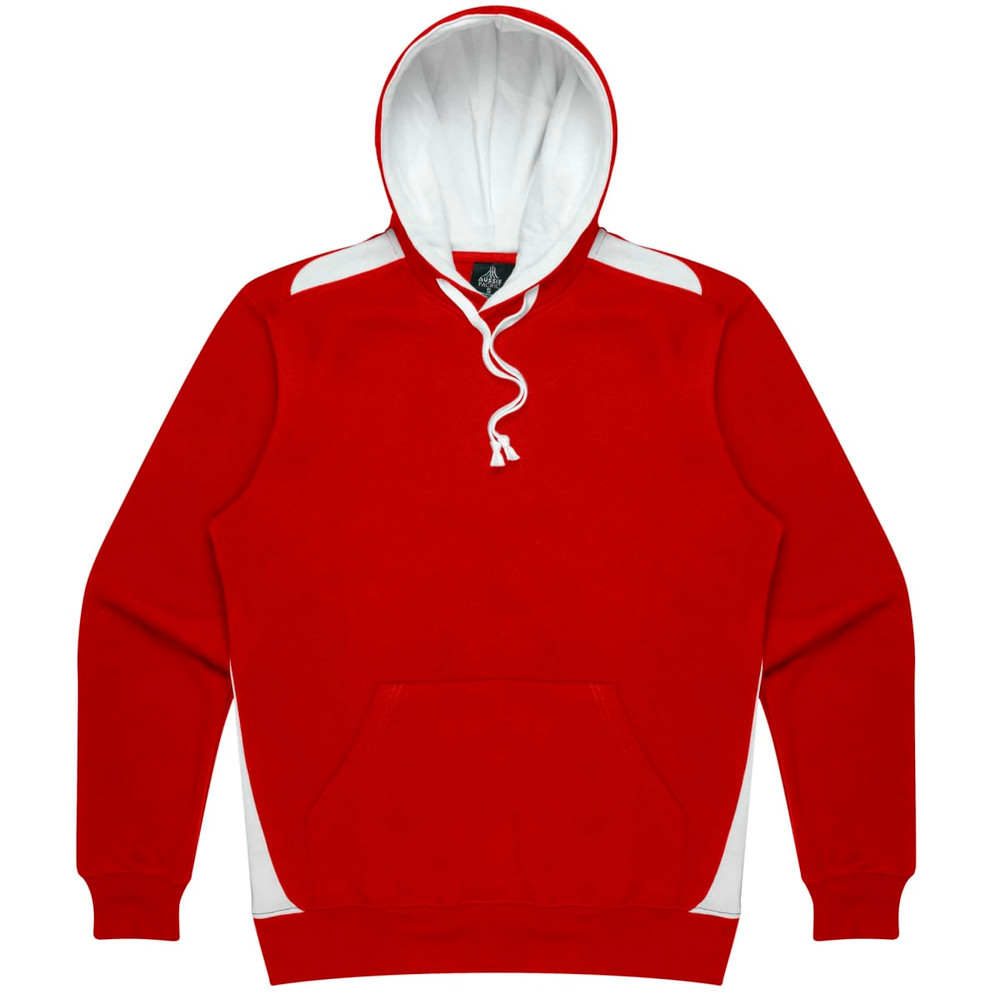 A red hoodie featuring a white hood and side panels, with a front pocket and a logo.