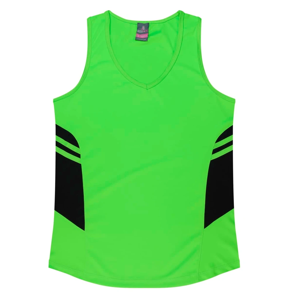 A bright green singlet with black side panels and a V-neck design, featuring a logo on the label.